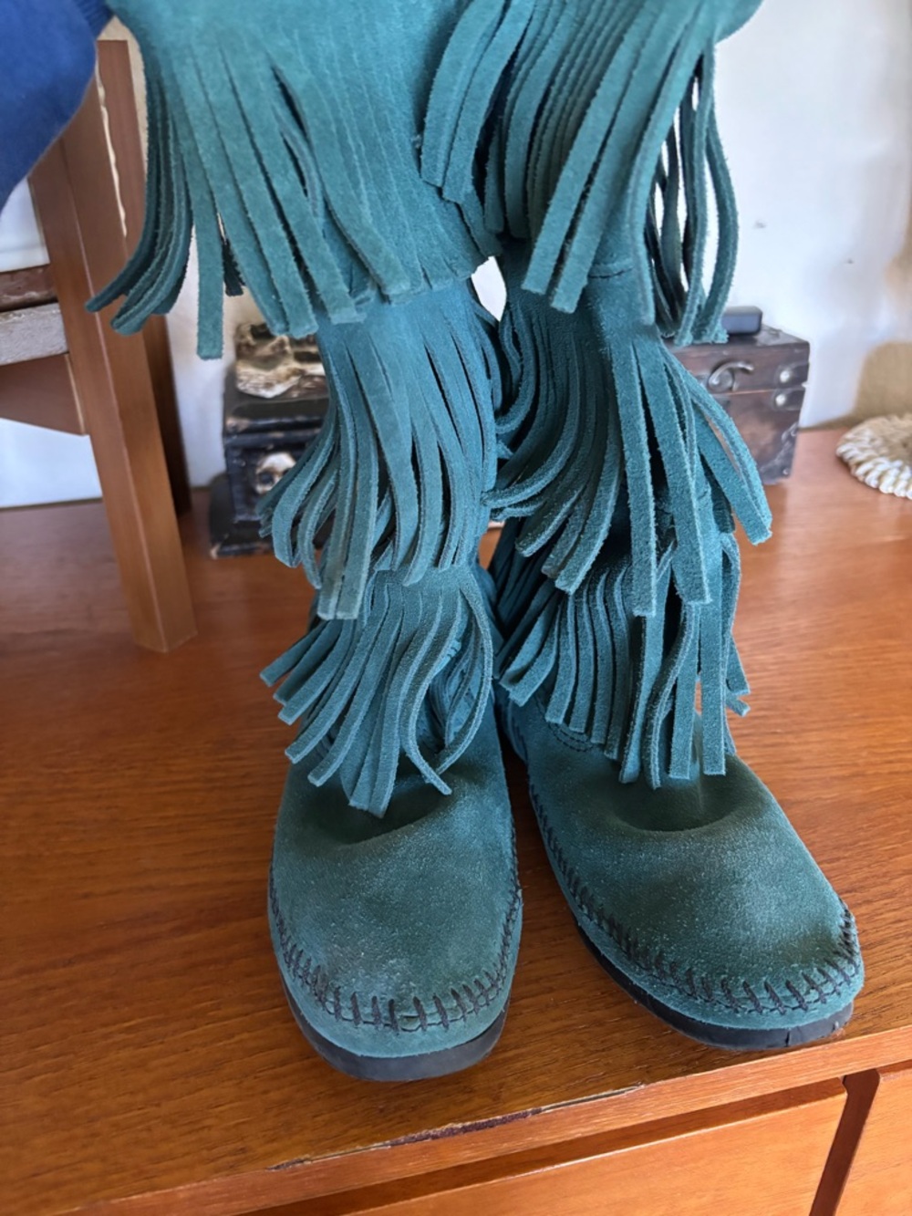 Minnetonka Teal Green Suede Fringe Moccasins